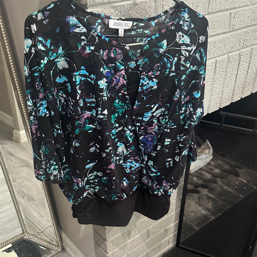 Jennifer Lopez Black and Blue Floral Blouse